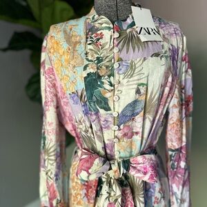 NWT Zara Floral Print Mini Dress Linen Blend XXL Multi Color